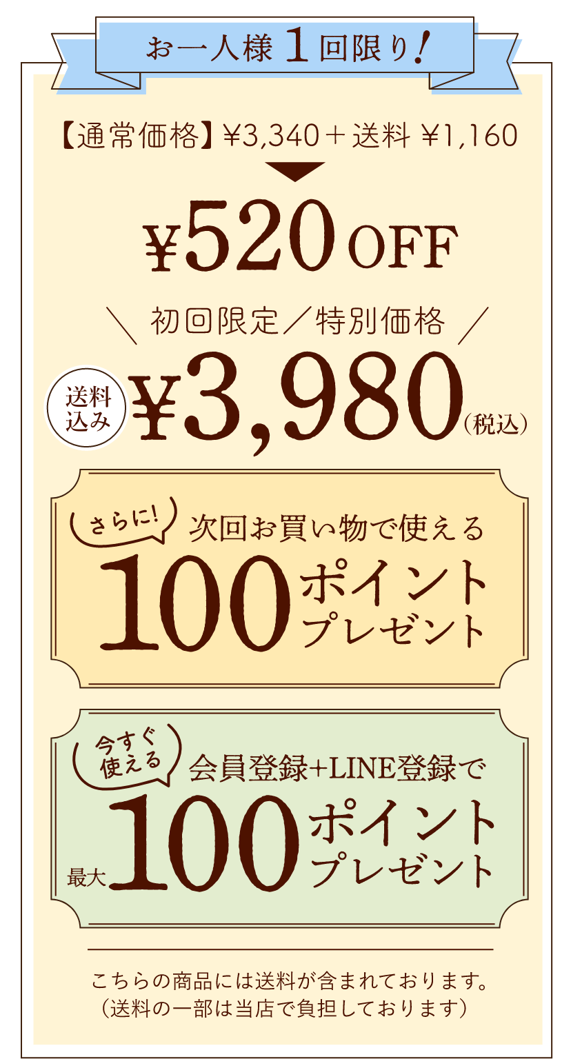 初回限定/特別価格3,980円(税込)|さらに次回お買い物で使える100ポイントプレゼント|今すぐ使える会員登録+LINE登録で最大100ポイントプレゼント|こちらの商品には送料が含まれております。(送料の一部は当店で負担しております)