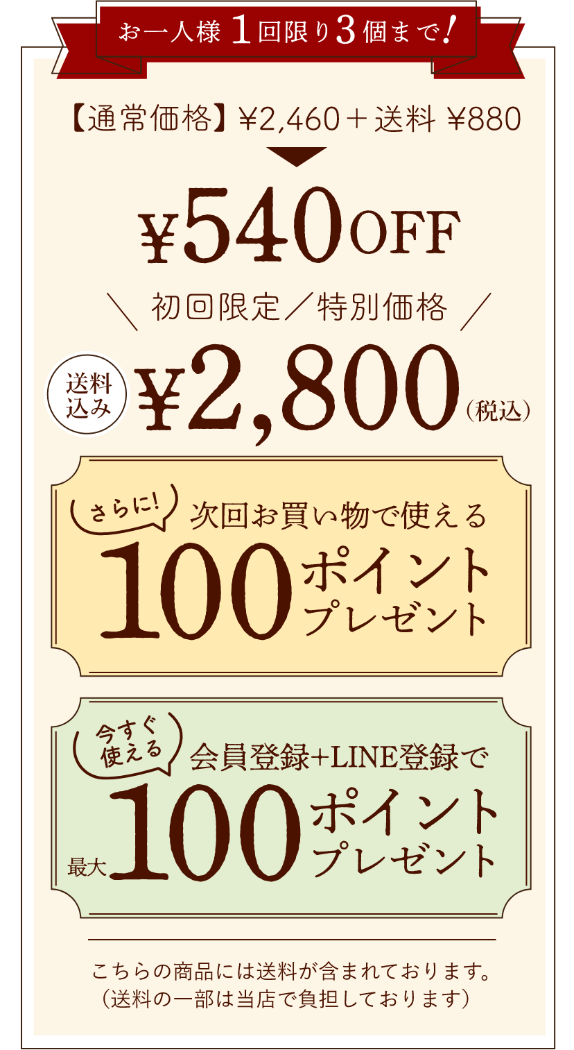 【お一人様1回限り3個まで！】初回限定／特別価格2,800円(税込)｜さらに次回お買い物で使える100ポイントプレゼント｜今すぐ使える会員登録+LINE登録で最大100ポイントプレゼント｜こちらの商品には送料が含まれております。（送料の一部は当店で負担しております）